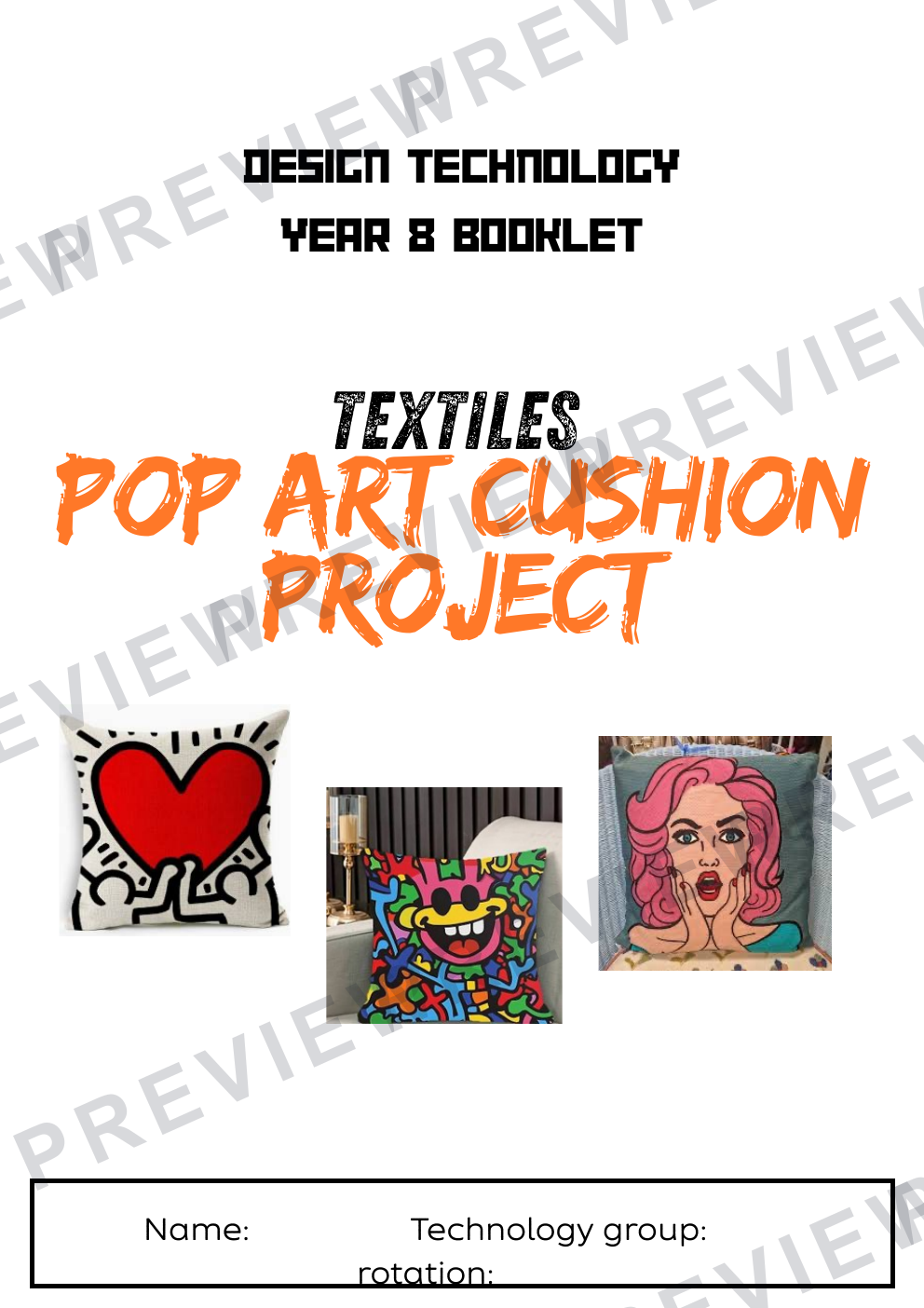 Textiles POP art cushion work booklet KS3 preview page 1