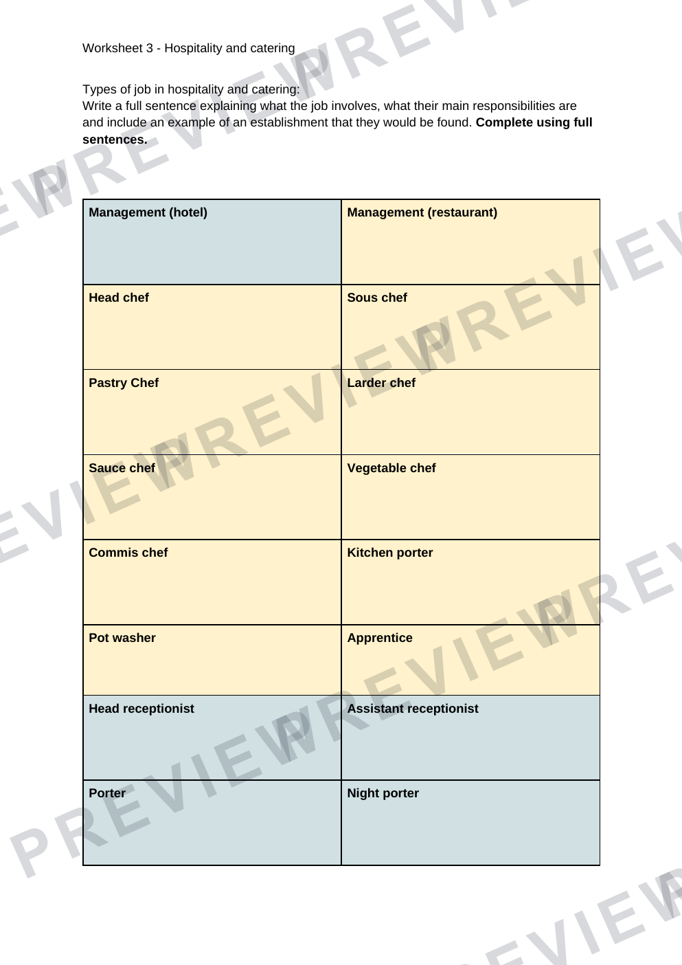 Hospitality and catering establishments work sheet with questions  preview page 2