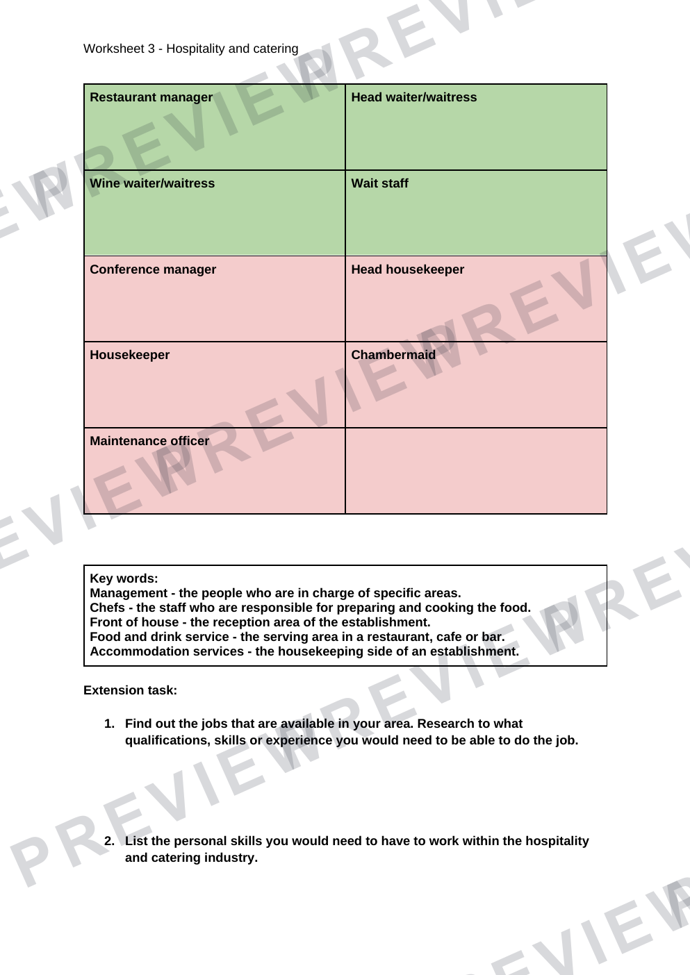 Hospitality and catering establishments work sheet with questions  preview page 3