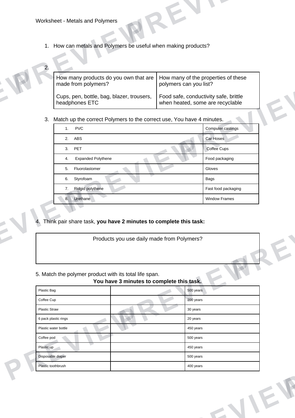 Design technology GCSE metals and polymers work sheet questions and answers  preview page 1