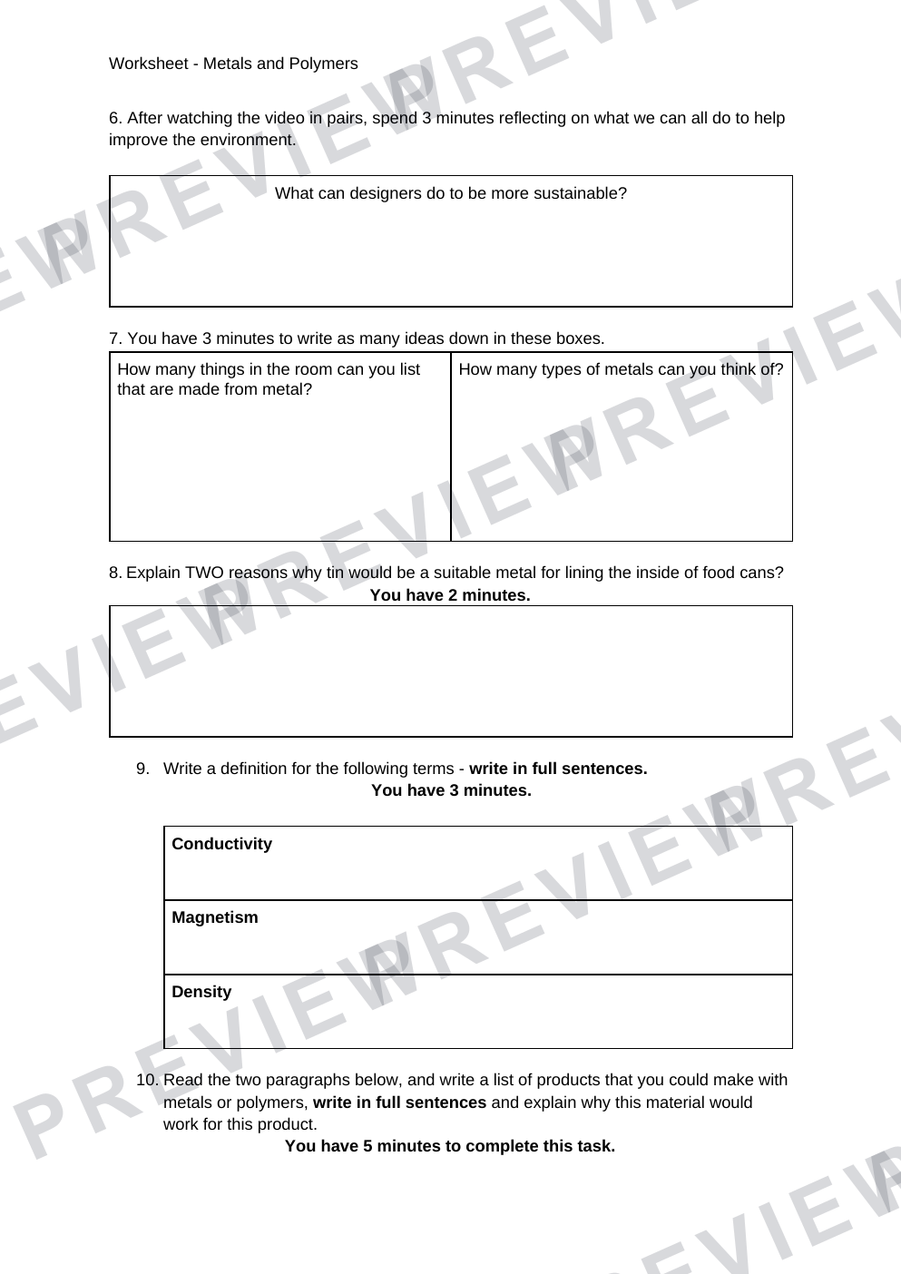Design technology GCSE metals and polymers work sheet questions and answers  preview page 2