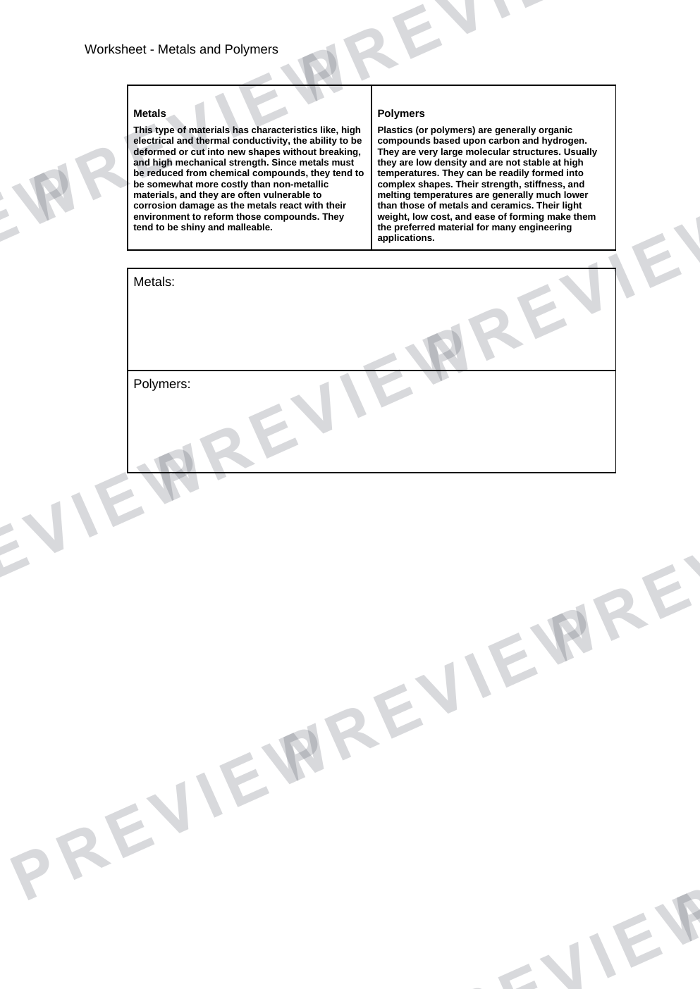 Design technology GCSE metals and polymers work sheet questions and answers  preview page 3