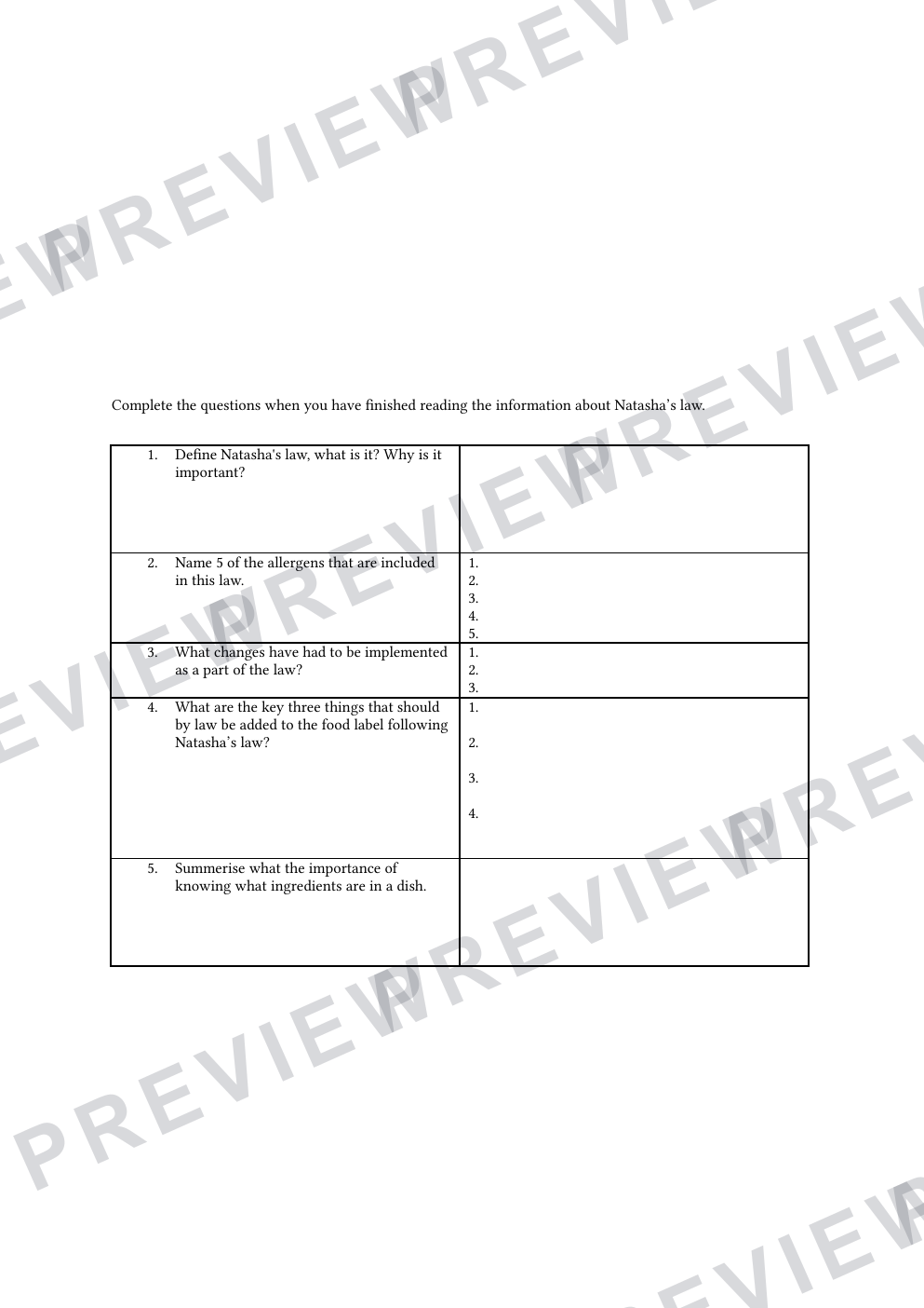 Natasha's law literacy task with questions.  preview page 3