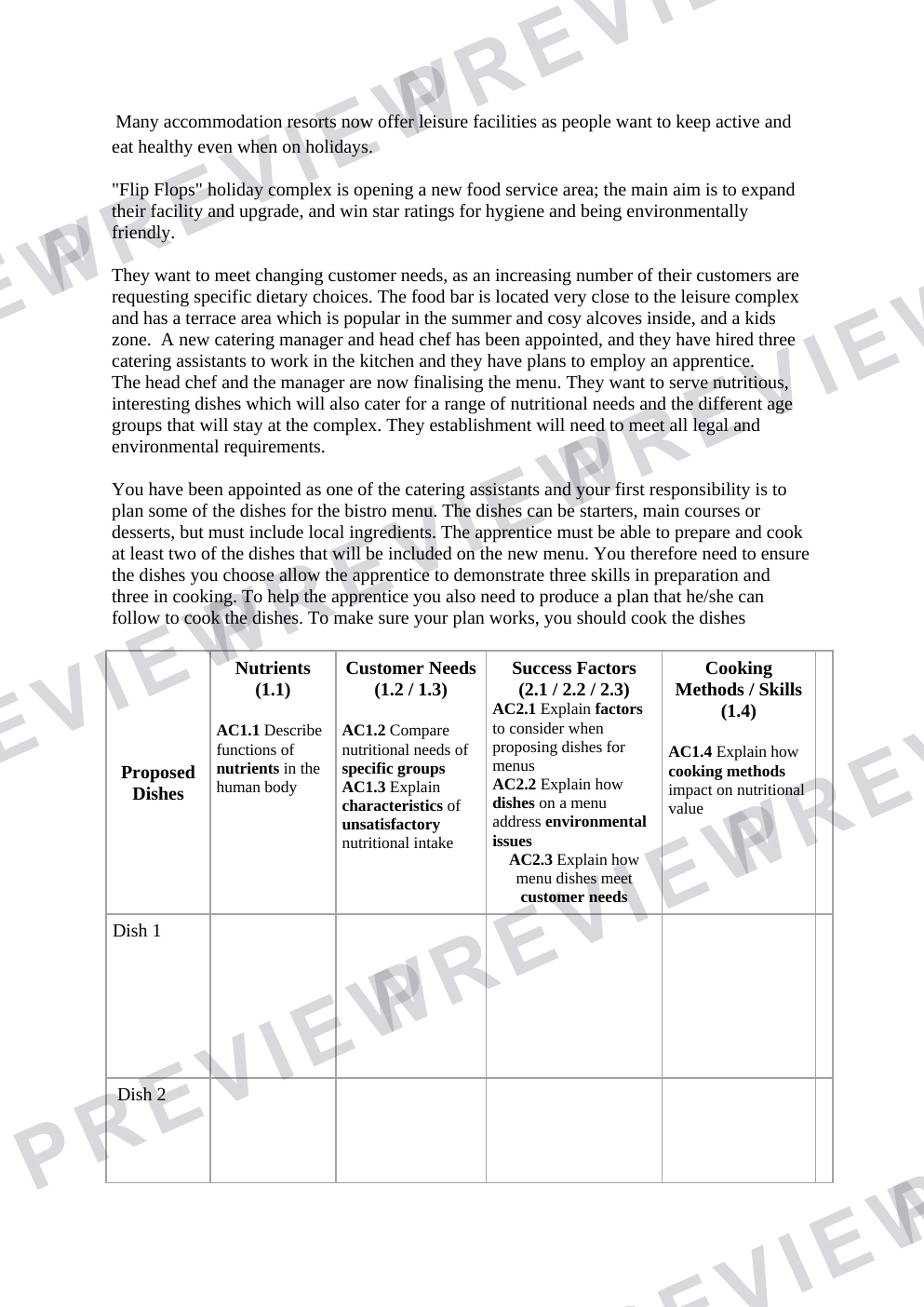 NEA template for Hospitality and catering "flip flops" brief (but changeable)  preview page 1